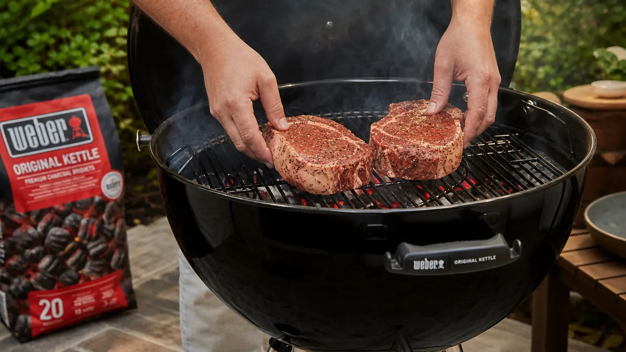 Hands placing steaks on a charcoal grill grate over hot coals