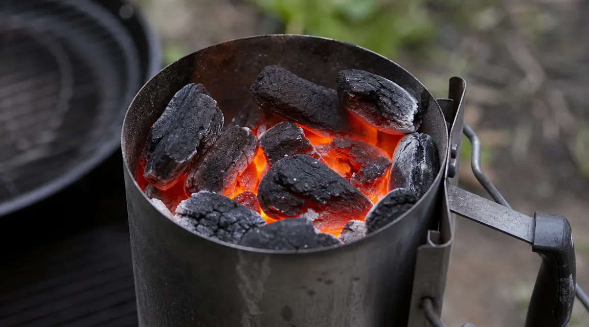 Family gathered around a backyard barbecue with a charcoal kettle grill in the foreground