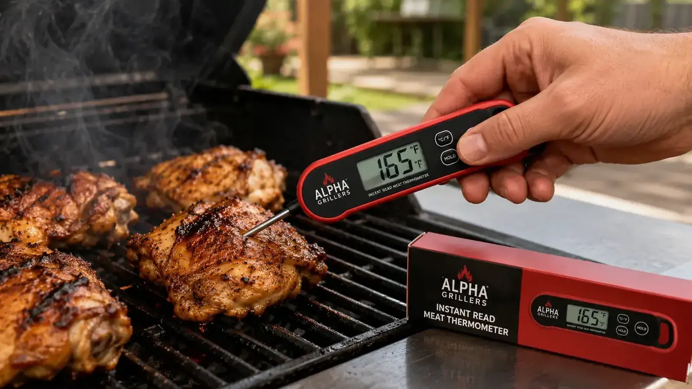Alpha Grillers instant read thermometer inserted into a chicken thigh showing internal temperature reading
