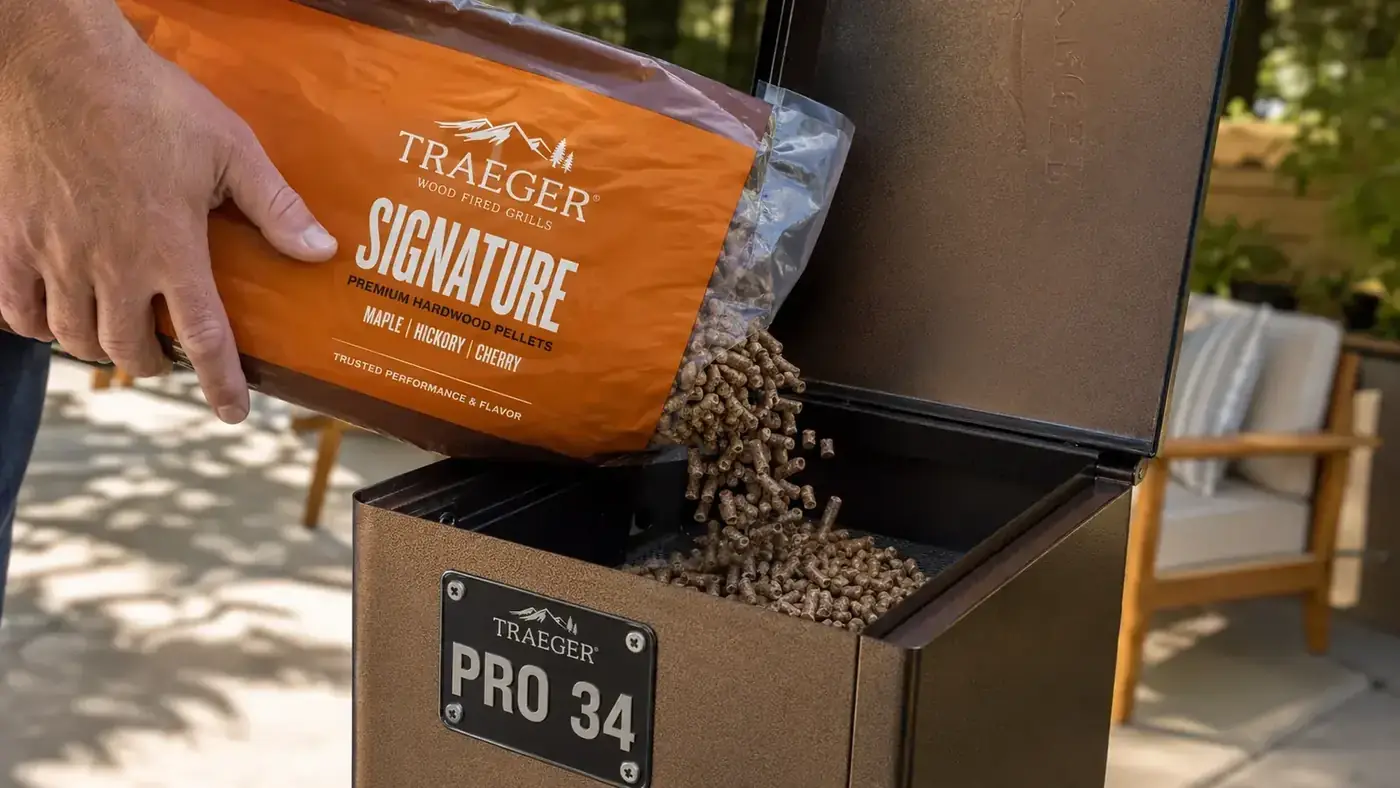 Close-up of Traeger Pro 34 pellet hopper being filled with hickory wood pellets before a cook