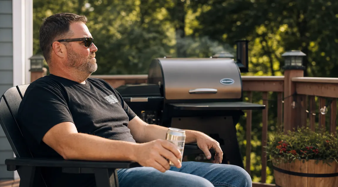 Perfectly smoked rack of ribs resting on a pellet grill grate with a smoke ring visible on the cut surface