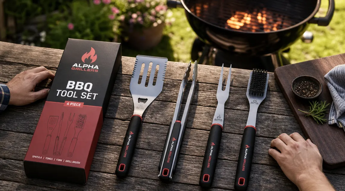 Alpha Grillers BBQ tool set laid out on a wooden table next to a lit grill