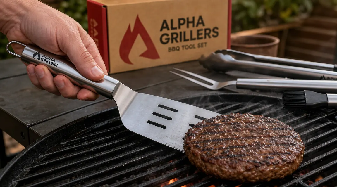 Close-up of a thick stainless steel spatula sliding cleanly under a burger patty on a hot grill grate