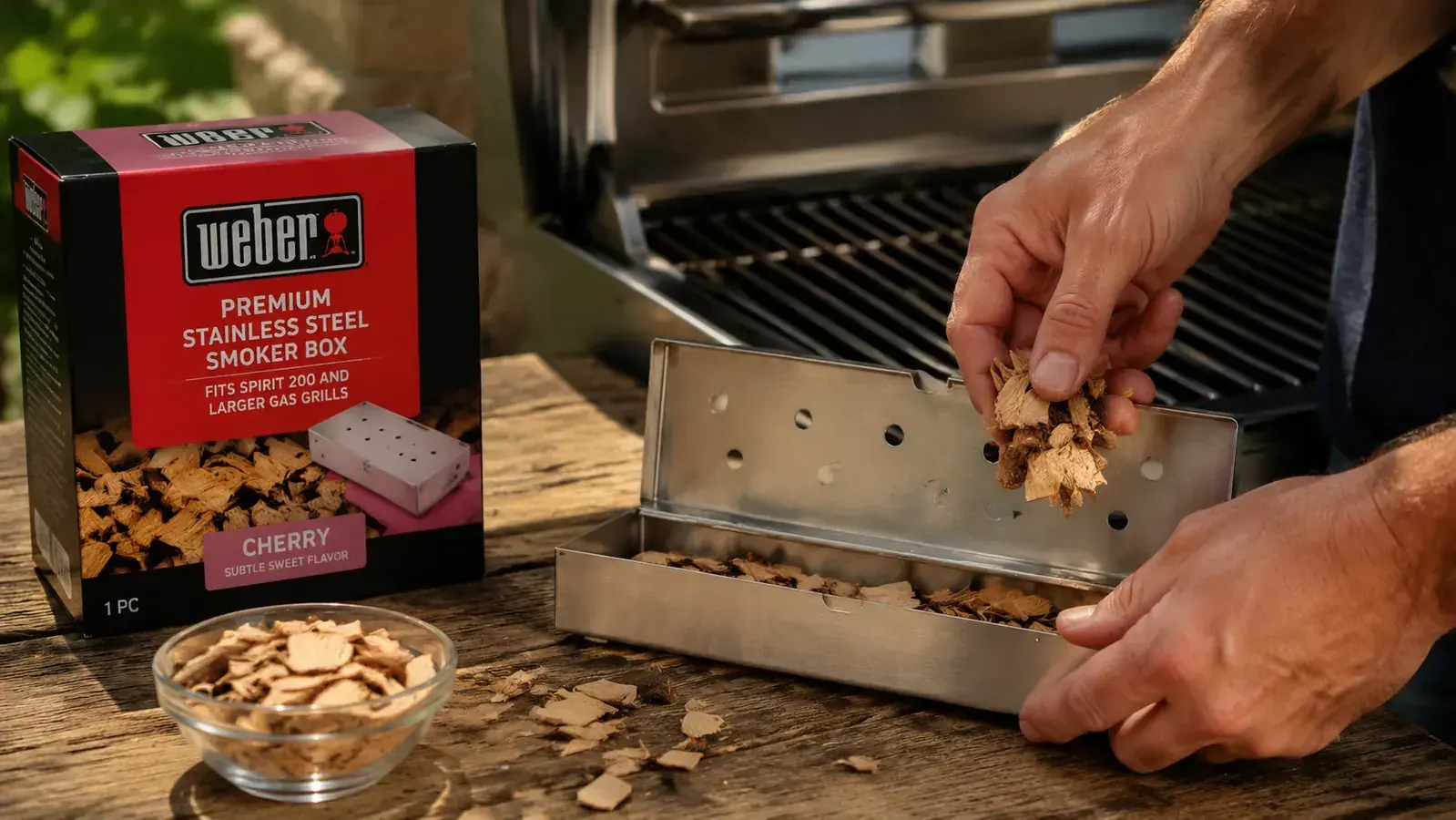 Hand placing wood chips into an open Weber smoker box resting on a gas grill burner