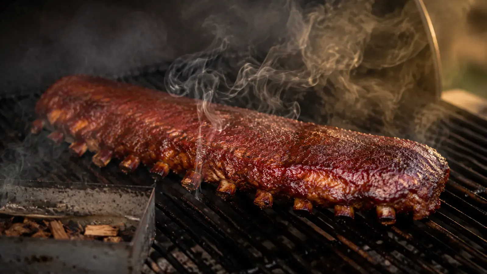 Rack of smoked ribs resting on a cutting board with visible smoke ring, backyard grill in the background