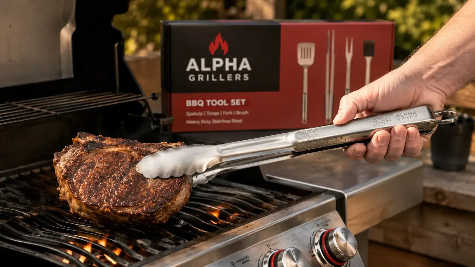 Hand gripping stainless locking tongs over a gas grill grate while flipping a thick ribeye steak