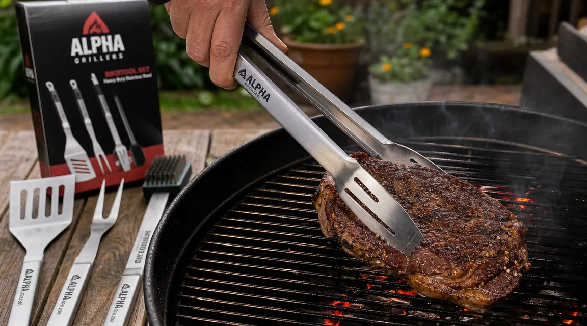 Hand gripping the Alpha Grillers tongs to flip a thick ribeye steak on a hot grill grate