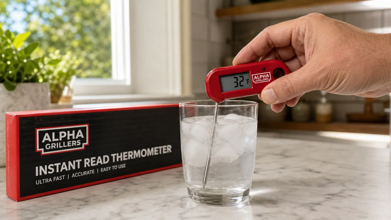 Alpha Grillers thermometer probe submerged in a glass of ice water showing 32 degrees Fahrenheit on the digital display