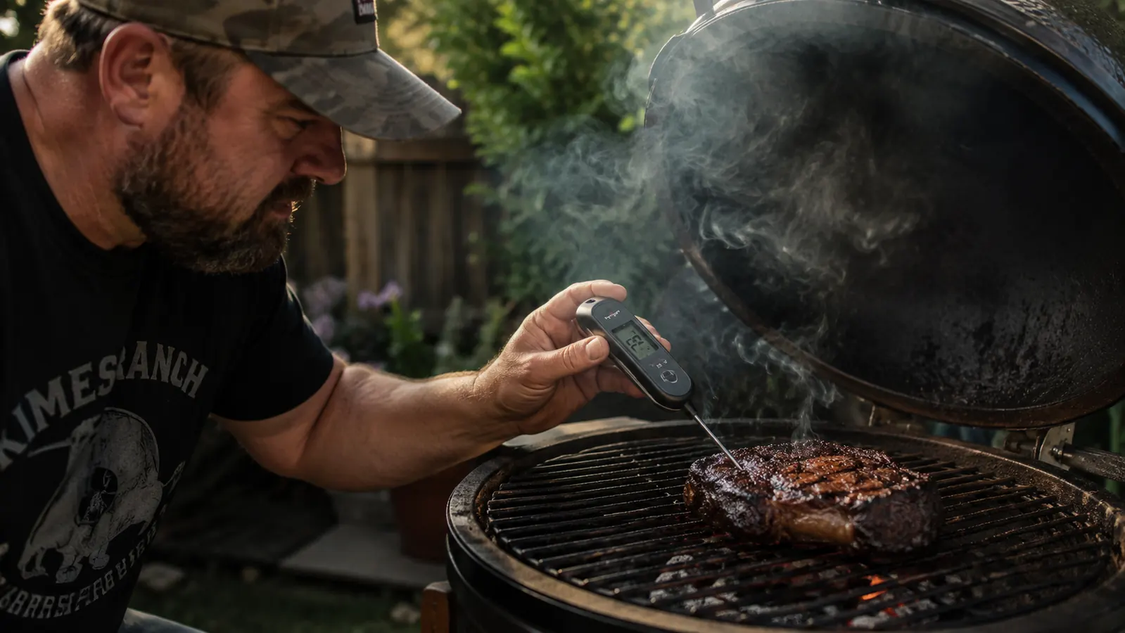 Backyard grill scene with a person checking pork chop temperature using the Alpha Grillers thermometer, grill grates visible in background
