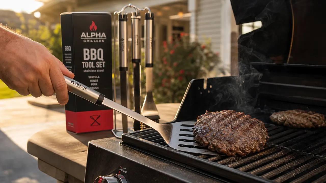 Person gripping a long-handled stainless steel spatula while flipping a thick burger on a gas grill
