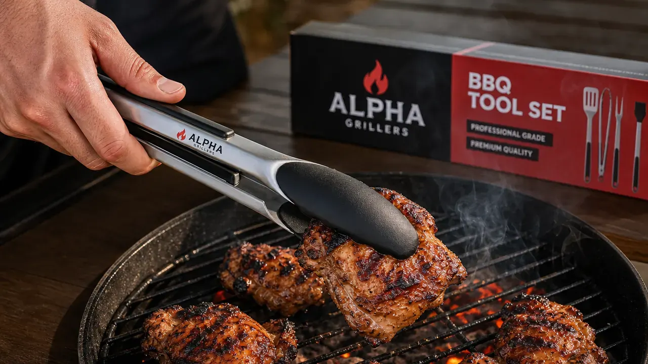 Close-up of stainless steel BBQ tongs gripping a chicken thigh on a hot grill grate