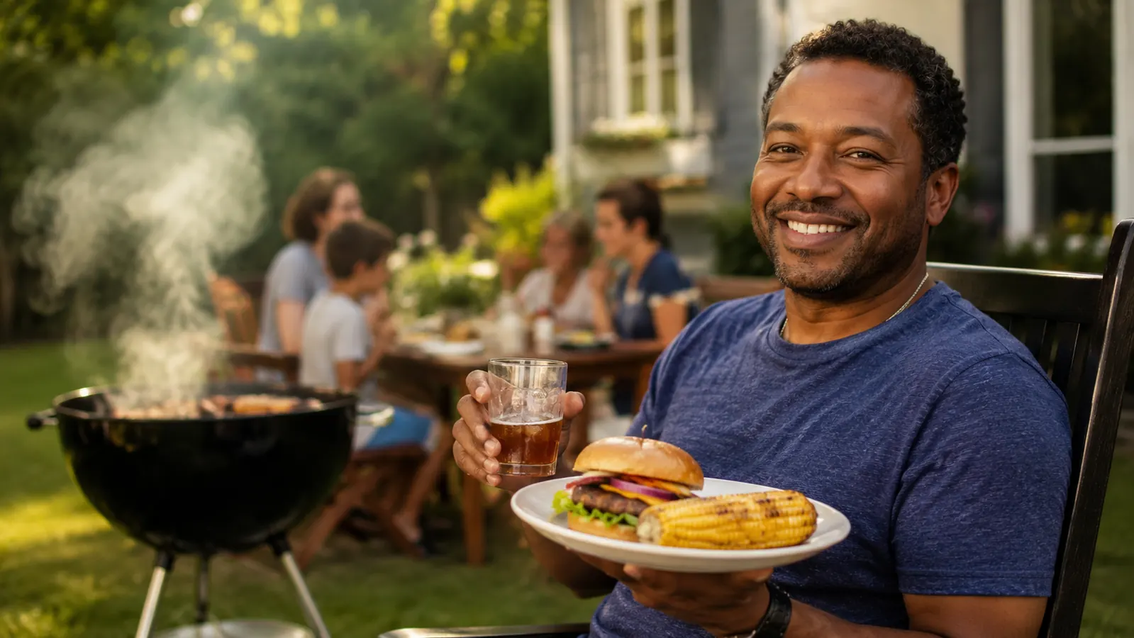 Backyard cookout scene with friends gathered around a grill, burgers and corn on the grate, grillmaster using a long spatula
