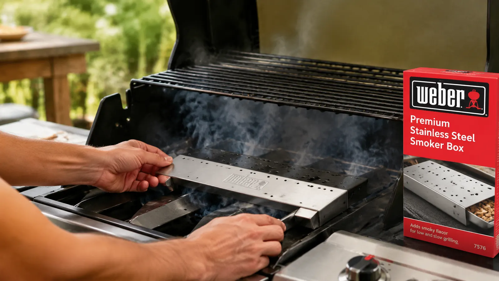 Weber smoker box sitting on gas grill flavorizer bars below the cooking grate with grill lid closed and smoke seeping from vents