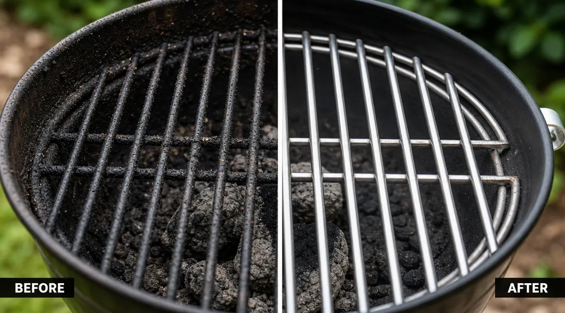 Backyard griller placing seasoned chicken thighs onto freshly cleaned grill grates