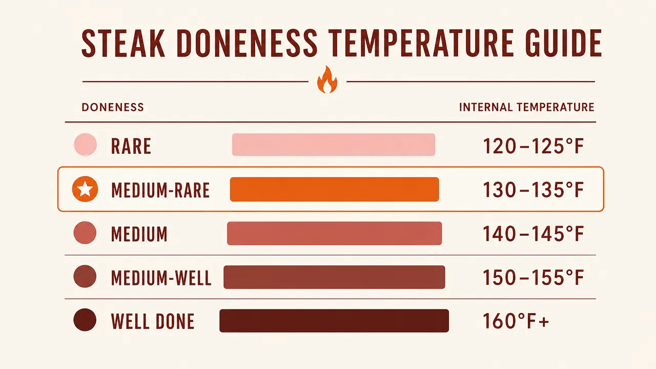 Temperature chart showing steak doneness levels from rare 125F to well-done 160F with color-coded bands