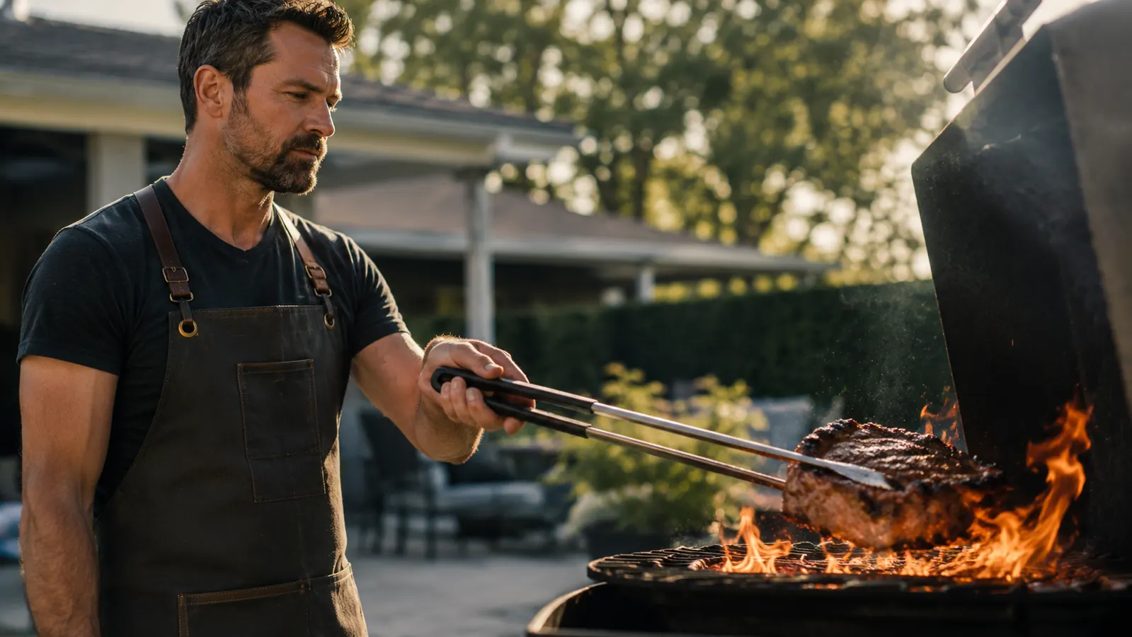 Perfectly grilled ribeye steak resting on a wooden cutting board with a thermometer reading 133 degrees nearby