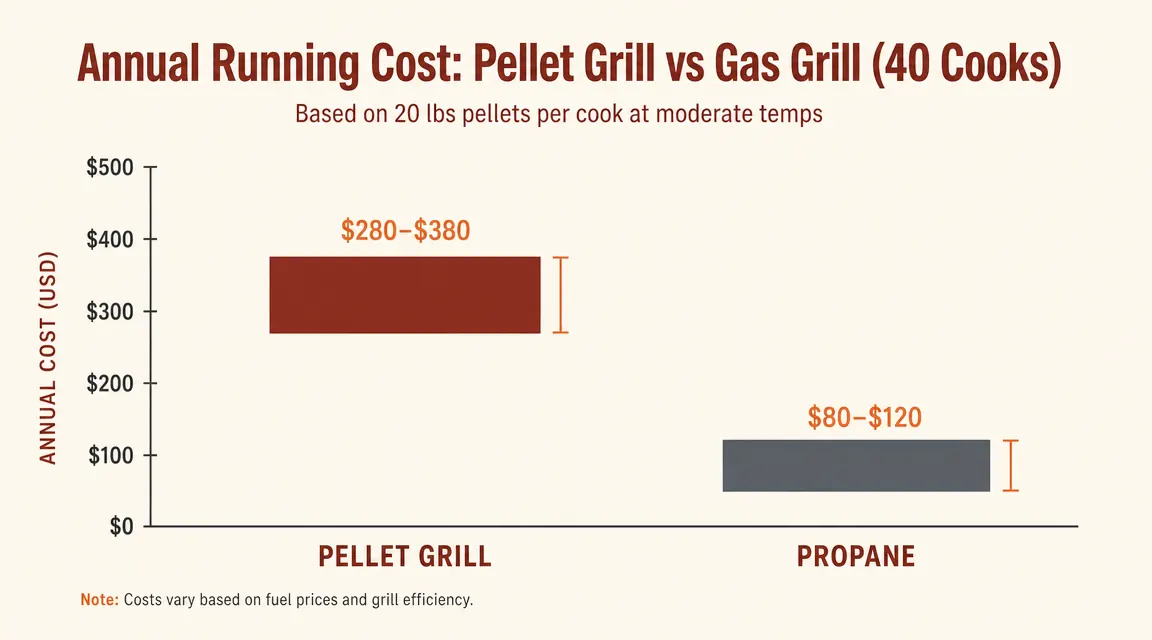 Annual cost breakdown chart comparing Traeger Pro 34 pellet cost versus gas grill propane cost over a full grilling season of 40 cooks