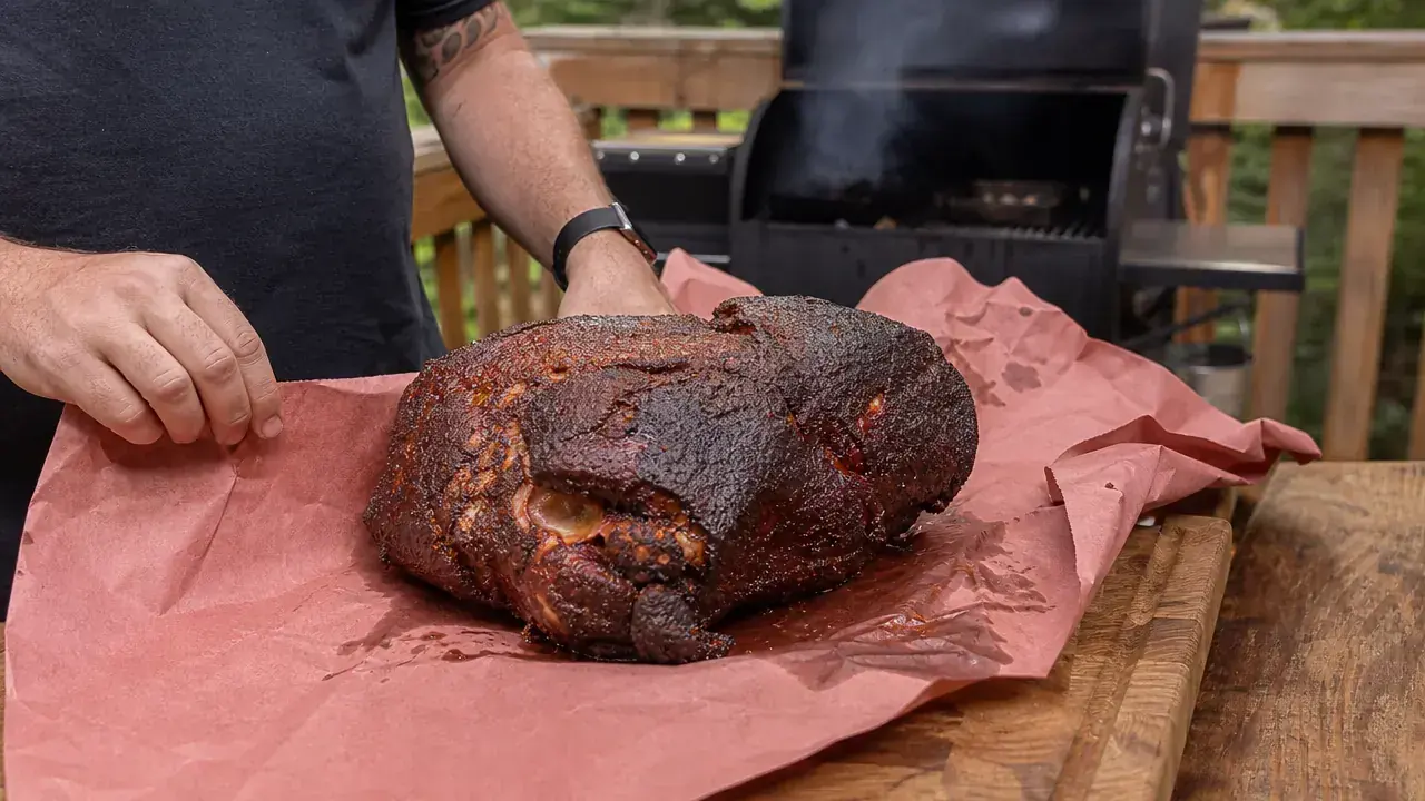 Pork shoulder with a dark bark resting on butcher paper on a cutting board beside a Traeger Pro 34 in a backyard, late afternoon light