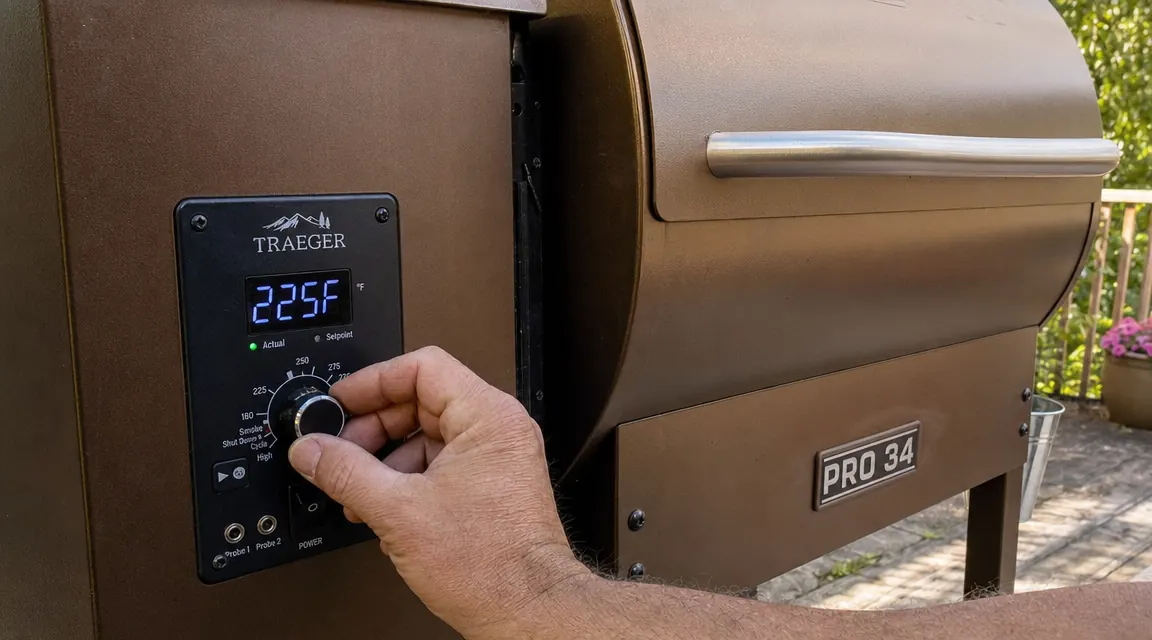 Close-up of a hand setting the digital temperature dial on a Traeger Pro 34 controller to 225 degrees Fahrenheit