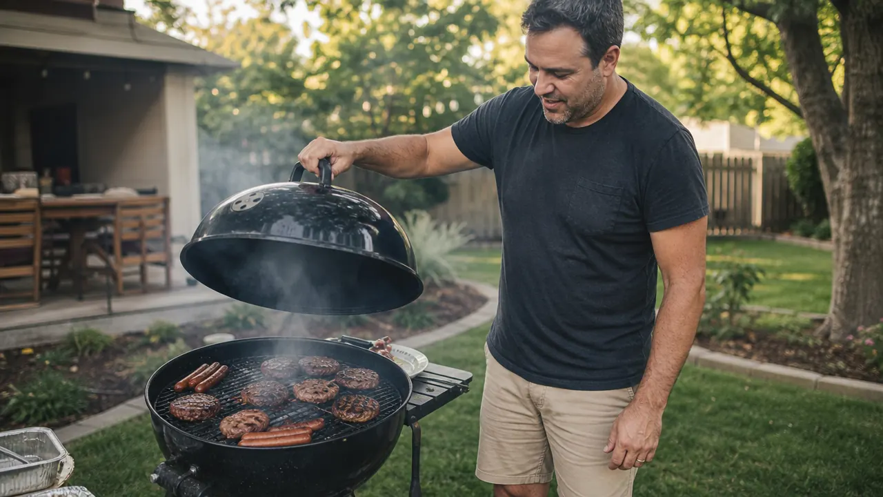 Thick burger patties searing directly over charcoal on a Weber grill grate with visible char marks