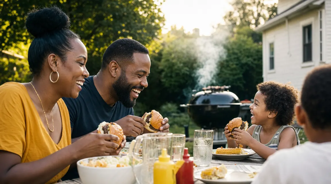 Family gathered around a Weber Kettle grill in a backyard, plates in hand, relaxed cookout atmosphere