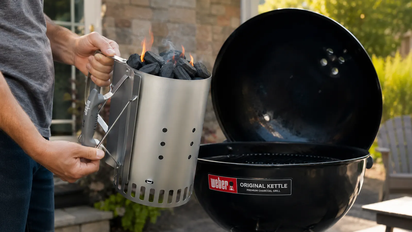 Person using a chimney starter to light charcoal briquettes beside the Weber kettle grill
