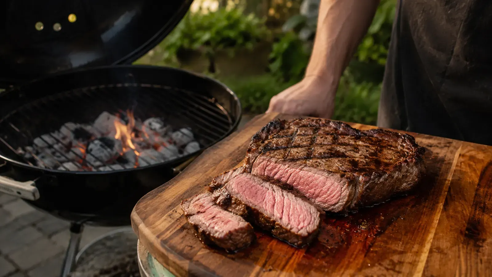 Weber kettle grill in use at a backyard gathering with people nearby and food on the grate