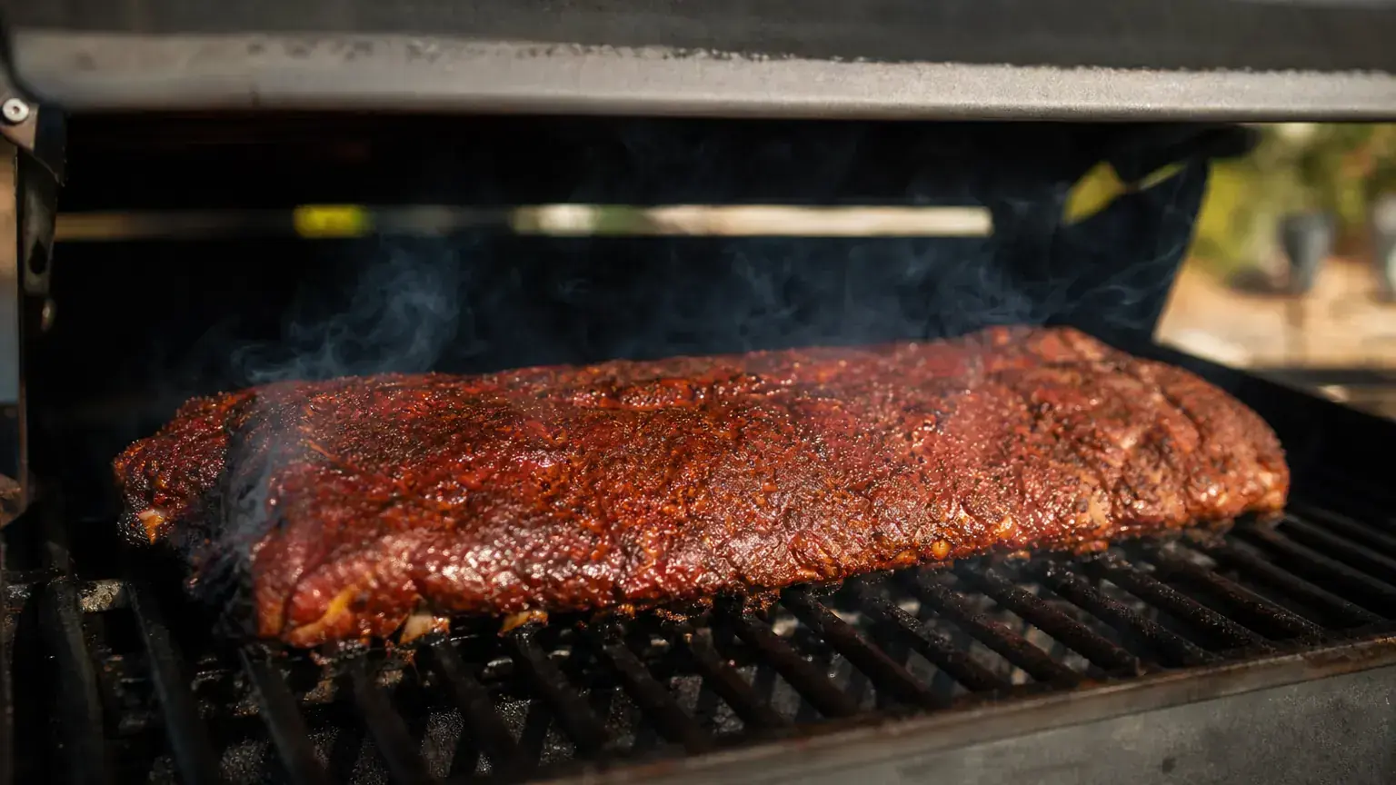 Rack of baby back ribs on a gas grill grate, glistening with a mahogany crust and smoke coloring