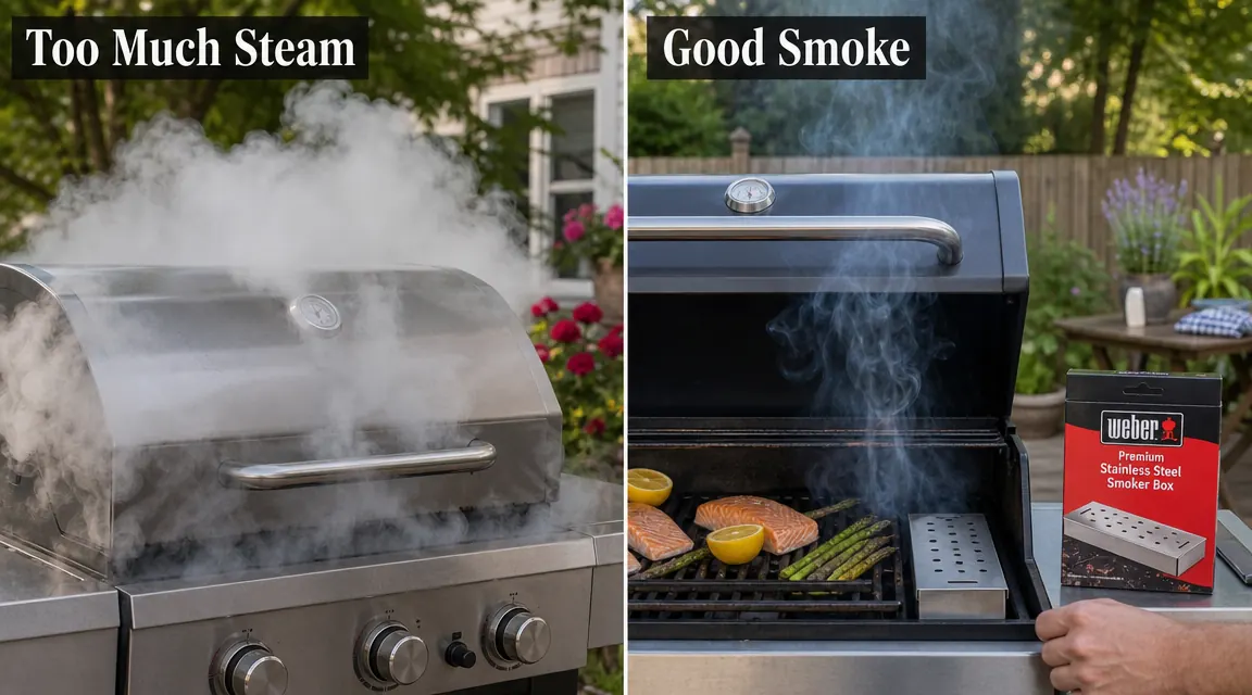 Side-by-side comparison of white billowy smoke versus thin blue smoke from a smoker box on a gas grill