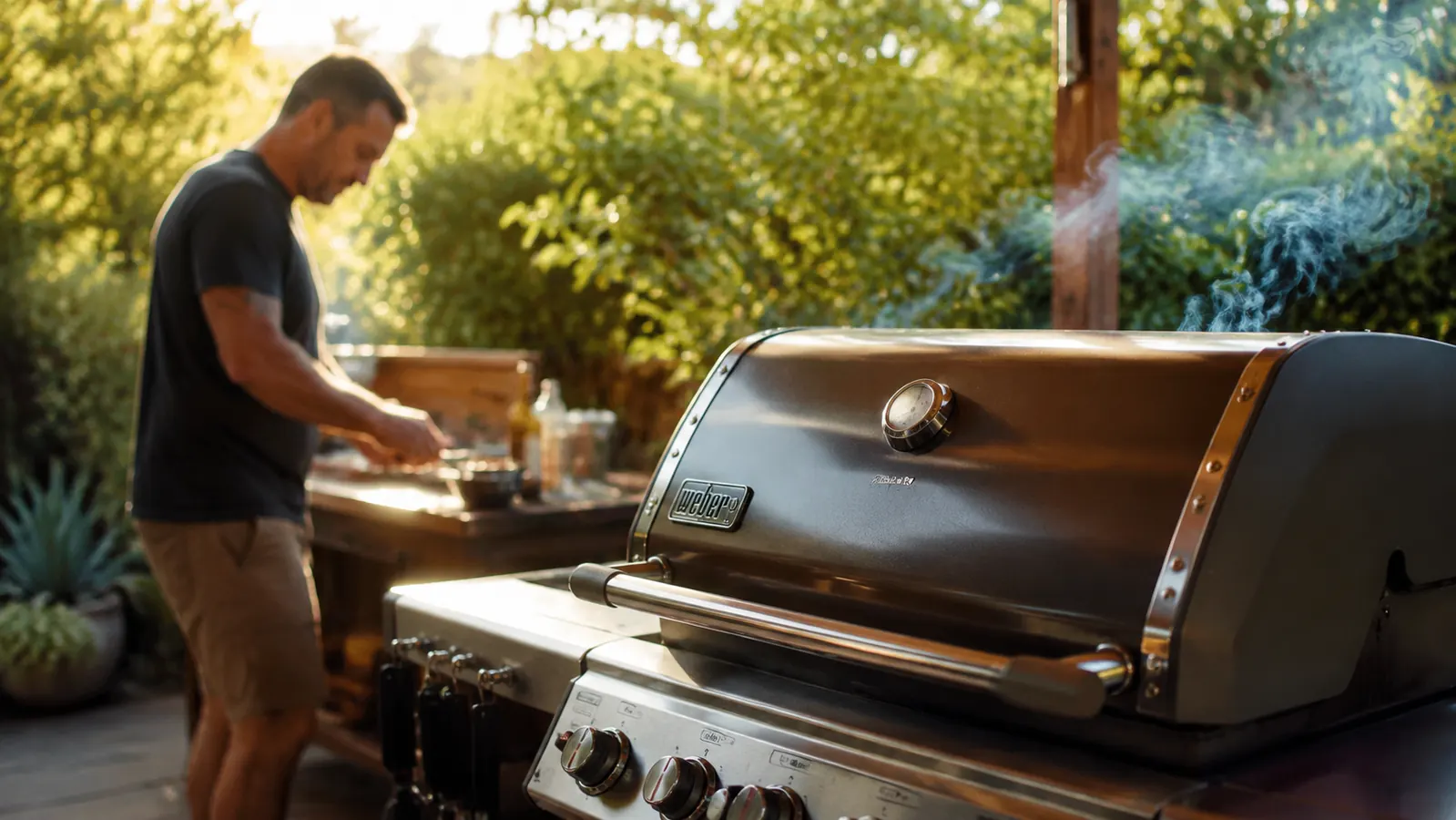 Baby back ribs on a gas grill with smoke rising from a smoker box positioned under the grates